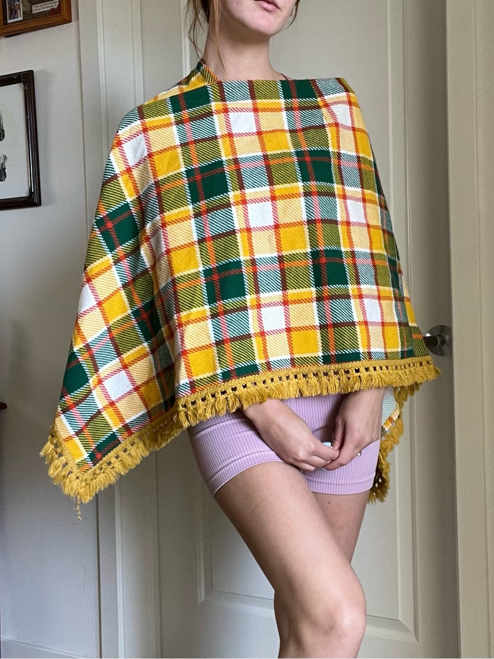 Yellow & Green Plaid Fringe Poncho handmade